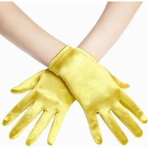 Women's Short Yellow Satin Silk Gloves Banquet Wedding Party Costume Accessories